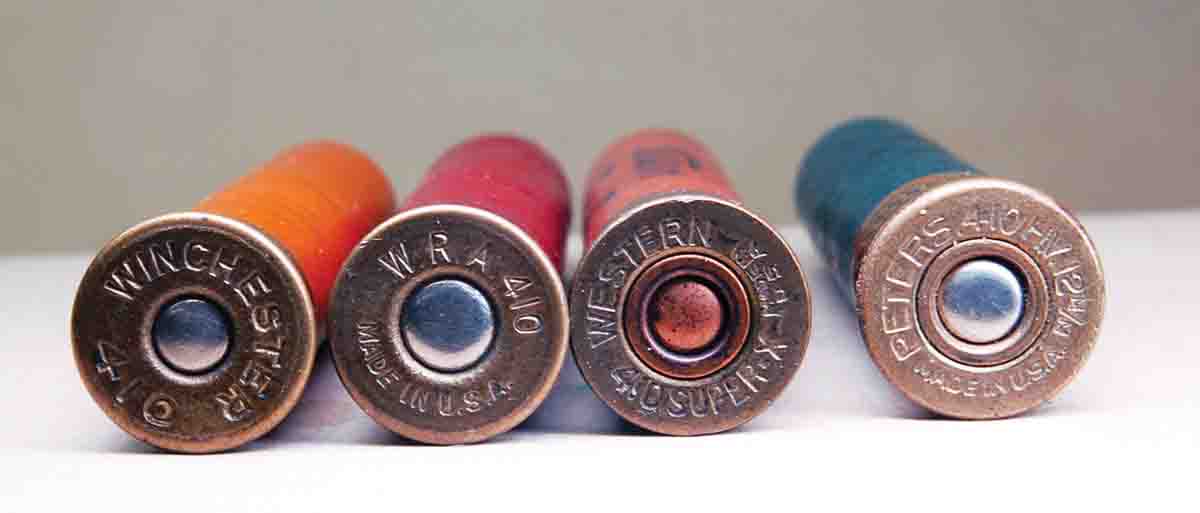 Early 2½-inch .410 cases did not include a 12mm marking, but the Peters case (far right) is probably pre-World War II and has a 12mm headstamp. It should never be shot in a 2-inch chamber.
